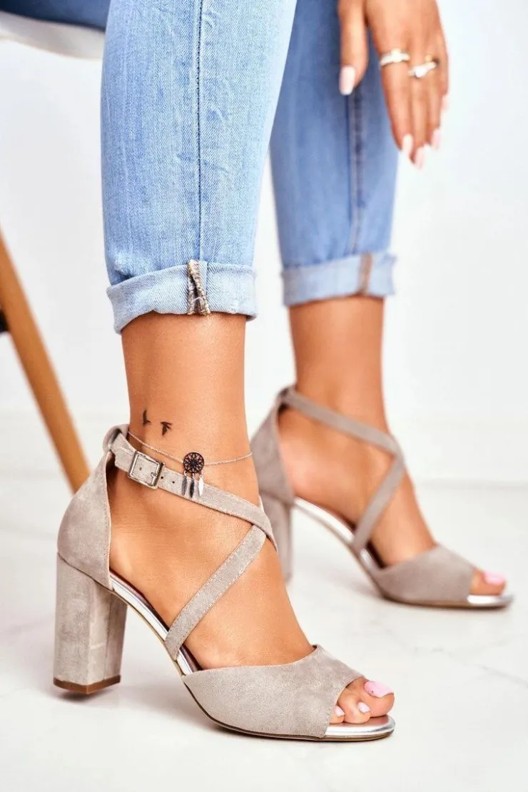 Damskie Buty Sergio Leone Zamszowe Sandały Na Słupku Sergio Leone SK865 Szare