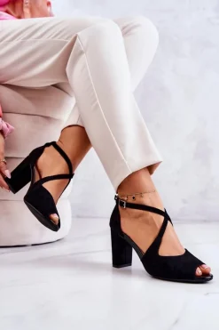 Outlet Buty Sergio Leone Zamszowe Sandały Na Słupku Czarne Lorita