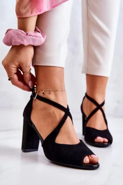 Outlet Buty Sergio Leone Zamszowe Sandały Na Słupku Czarne Lorita