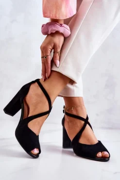 Outlet Buty Sergio Leone Zamszowe Sandały Na Słupku Czarne Lorita