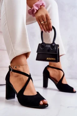 Outlet Buty Sergio Leone Zamszowe Sandały Na Słupku Czarne Lorita