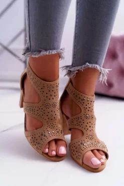 Damskie Boto Zamszowe Sandały Na Słupku Lu Boo Beżowe