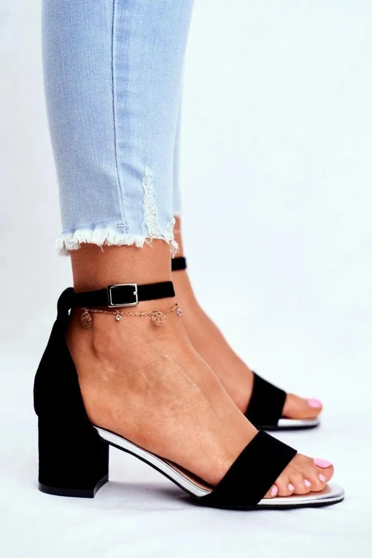 Hot Buty Sergio Leone Zamszowe Sandały Na Słupku Sergio Leone SK839 Czarno-Srebrne