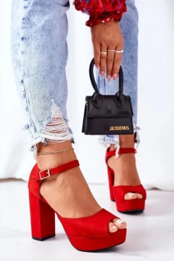 Damskie Boto Zamszowe Sandały Na Słupku Czerwone Silvia