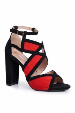 Damskie Boto Zamszowe Sandały Na Słupku Czarno-Czerwone Emolly