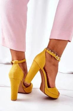 Damskie Boto Zamszowe Sandały Na Słupku Żółte Sarah