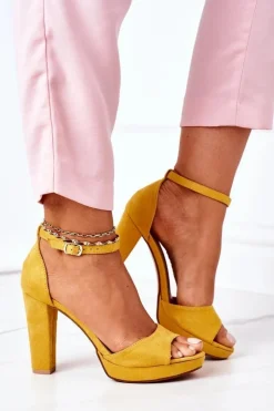 Damskie Boto Zamszowe Sandały Na Słupku Żółte Sarah