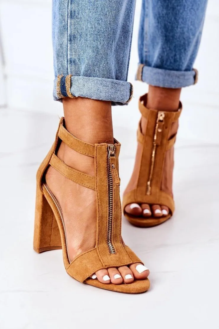 Sale Boto Zamszowe Sandały Na Słupku Camel Folly