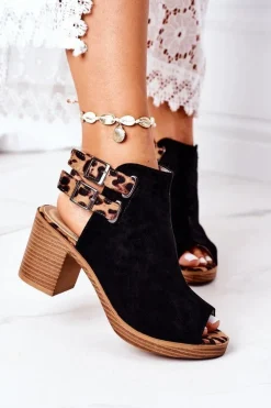 Clearance Boto Zamszowe Sandały Na Słupku Lu Boo Czarne Leopard