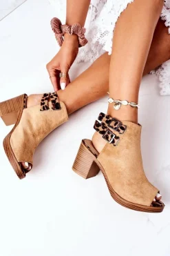 Damskie Boto Zamszowe Sandały Na Słupku Lu Boo Camel Leopard