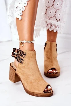 Damskie Boto Zamszowe Sandały Na Słupku Lu Boo Camel Leopard