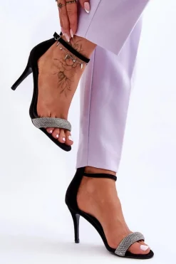 Damskie Boto Zamszowe Sandały Na Szpilce Z Dżetami Czarne Moments