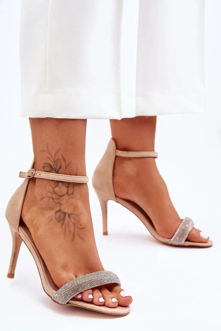 Boto Zamszowe Sandały Na Szpilce Z Dżetami Beżowe Moments