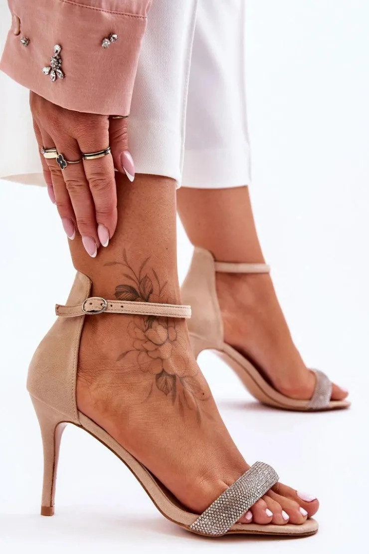 Boto Zamszowe Sandały Na Szpilce Z Dżetami Beżowe Moments