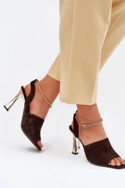 Damskie CheBello Zamszowe Sandały Na Szpilce Z Ozdobną Bransoletą 4440 Czekoladowe