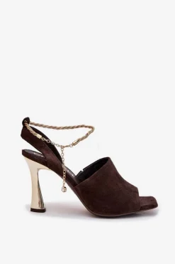 Damskie CheBello Zamszowe Sandały Na Szpilce Z Ozdobną Bransoletą 4440 Czekoladowe