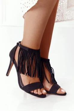 Damskie buty S.Barski Zamszowe Sandały Na Szpilce Z Frędzlami Czarne Boho Swing