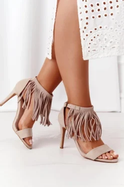 Damskie buty S.Barski Sandały Na Obcasie*Zamszowe Sandały Na Szpilce Z Frędzlami Beżowe Boho Swing