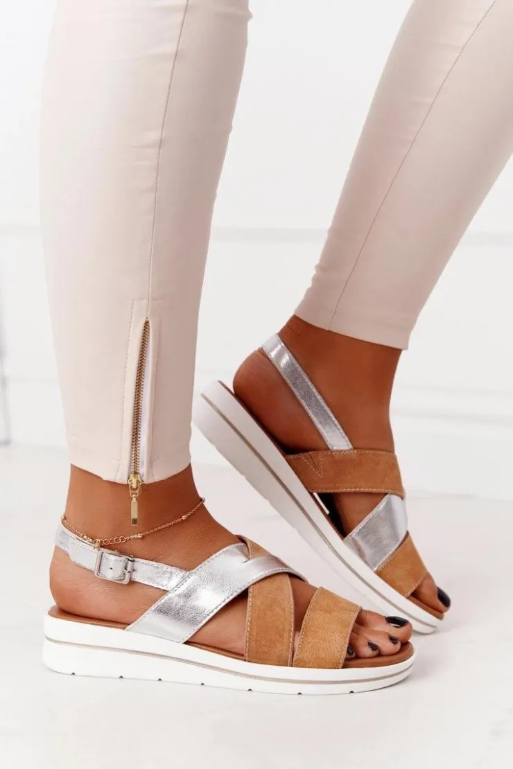 Buty Sergio Leone Sandały Na Koturnie|Sandały Płaskie*Zamszowe Sandały Sergio Leone SK039 Beżowo-Srebrne