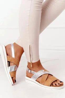 Buty Sergio Leone Sandały Na Koturnie|Sandały Płaskie*Zamszowe Sandały Sergio Leone SK039 Beżowo-Srebrne