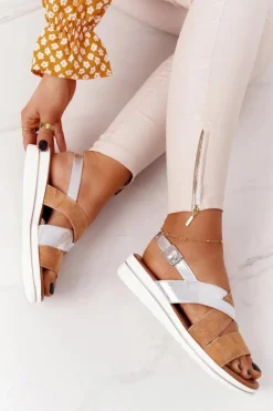 Buty Sergio Leone Sandały Na Koturnie|Sandały Płaskie*Zamszowe Sandały Sergio Leone SK039 Beżowo-Srebrne