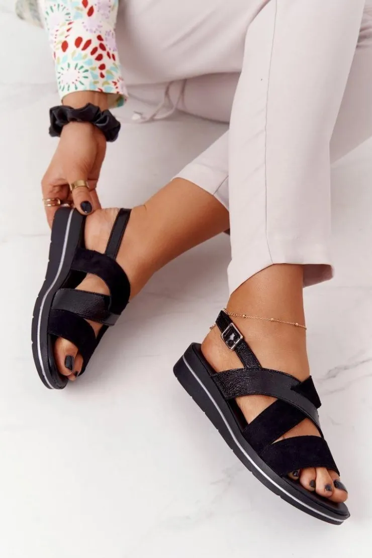 Discount Buty Sergio Leone Zamszowe Sandały Sergio Leone SK039 Czarno-Srebrne