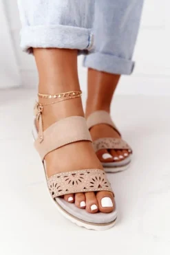 Damskie Evento Zamszowe Sandały Z Cyrkoniami Beżowe Cora