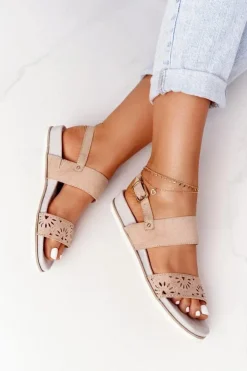 Damskie Evento Zamszowe Sandały Z Cyrkoniami Beżowe Cora