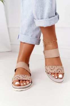 Damskie Evento Zamszowe Sandały Z Cyrkoniami Beżowe Cora