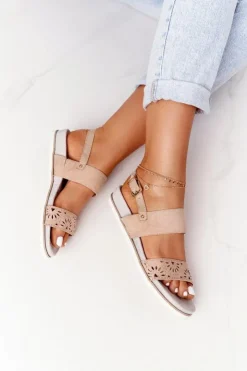 Damskie Evento Zamszowe Sandały Z Cyrkoniami Beżowe Cora