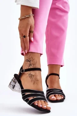 Discount Damskie buty S.Barski Zamszowe Sandały Z Kryształami Czarne Callan Czarny