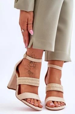 Damskie Boto Zamszowe Sandały Z Plecionym Paskiem Na Obcasie Beżowe Roselia