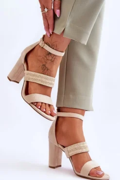 Damskie Boto Zamszowe Sandały Z Plecionym Paskiem Na Obcasie Beżowe Roselia