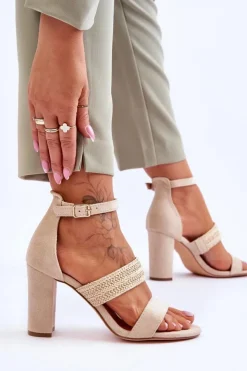 Damskie Boto Zamszowe Sandały Z Plecionym Paskiem Na Obcasie Beżowe Roselia