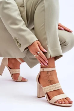 Damskie Boto Zamszowe Sandały Z Plecionym Paskiem Na Obcasie Beżowe Roselia