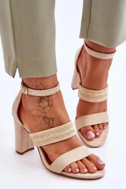 Damskie Boto Zamszowe Sandały Z Plecionym Paskiem Na Obcasie Beżowe Roselia