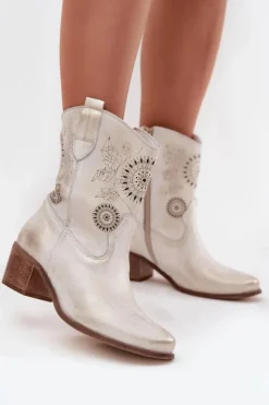 Zazoo Botki Skórzane|Botki Na Słupku*Zamszowe Skórzane Botki Damskie Ażurowe Na Obcasie 3844 Przecierany Złoty