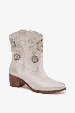 Zazoo Botki Skórzane|Botki Na Słupku*Zamszowe Skórzane Botki Damskie Ażurowe Na Obcasie 3844 Przecierany Złoty