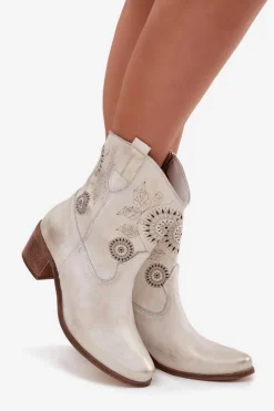 Zazoo Botki Skórzane|Botki Na Słupku*Zamszowe Skórzane Botki Damskie Ażurowe Na Obcasie 3844 Przecierany Złoty