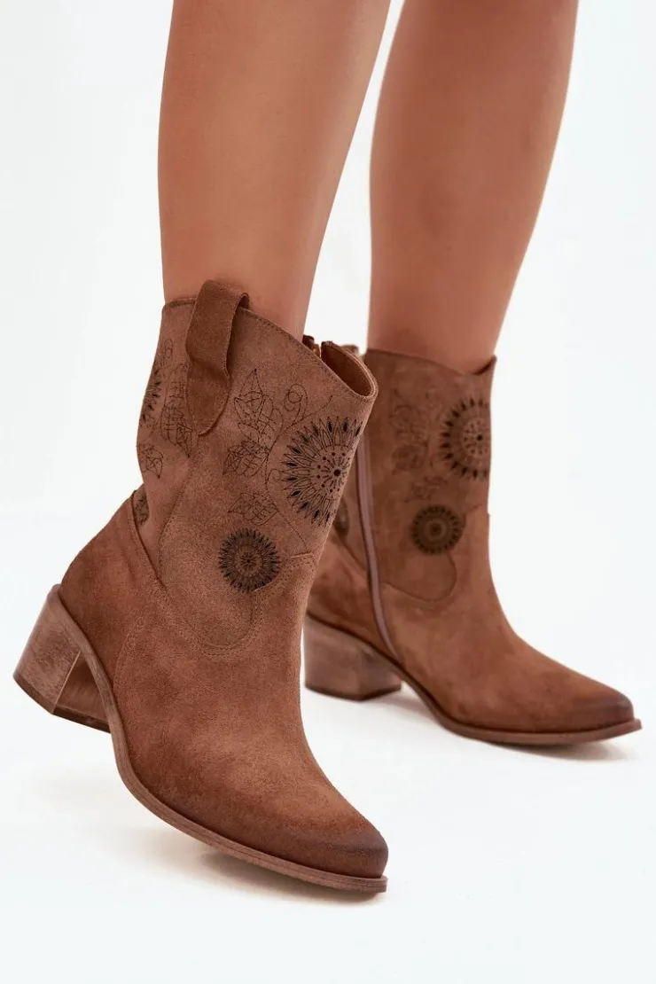 Hot Zazoo Zamszowe Skórzane Botki Damskie Ażurowe Na Obcasie 3844 Brązowe Brązowy