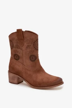 Hot Zazoo Zamszowe Skórzane Botki Damskie Ażurowe Na Obcasie 3844 Brązowe Brązowy