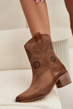 Hot Zazoo Zamszowe Skórzane Botki Damskie Ażurowe Na Obcasie 3844 Brązowe Brązowy