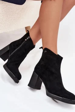 Outlet Buty damskie Vinceza Zamszowe Skórzane Botki Damskie Na Słupku Vinceza 91142 Czarne