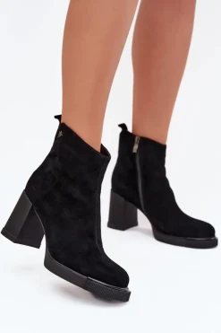 Outlet Buty damskie Vinceza Zamszowe Skórzane Botki Damskie Na Słupku Vinceza 91142 Czarne