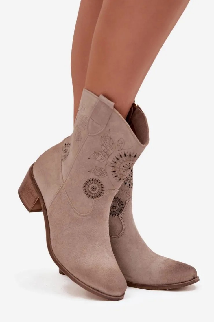 Damskie Zazoo Zamszowe Skórzane Botki Damskie Ażurowe Na Obcasie 3844 Cappuccino