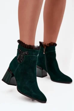 D&A Botki Ocieplane|Botki Skórzane*Zamszowe Skórzane Botki Damskie Na Słupku Z Ozdobą Ocieplane MR52-127 Butelkowa Zieleń Zielony