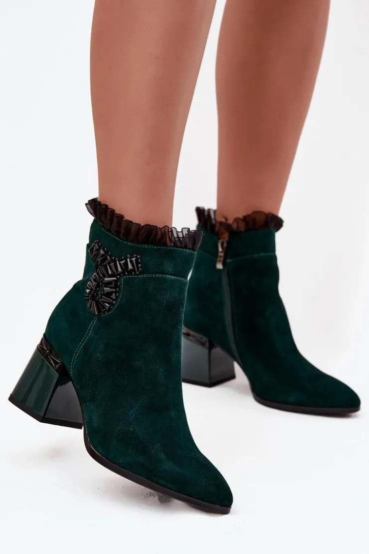 D&A Botki Ocieplane|Botki Skórzane*Zamszowe Skórzane Botki Damskie Na Słupku Z Ozdobą Ocieplane MR52-127 Butelkowa Zieleń Zielony