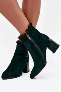 D&A Botki Ocieplane|Botki Skórzane*Zamszowe Skórzane Botki Damskie Na Słupku Z Ozdobą Ocieplane MR52-127 Butelkowa Zieleń Zielony