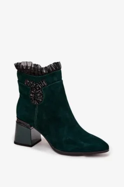 D&A Botki Ocieplane|Botki Skórzane*Zamszowe Skórzane Botki Damskie Na Słupku Z Ozdobą Ocieplane MR52-127 Butelkowa Zieleń Zielony