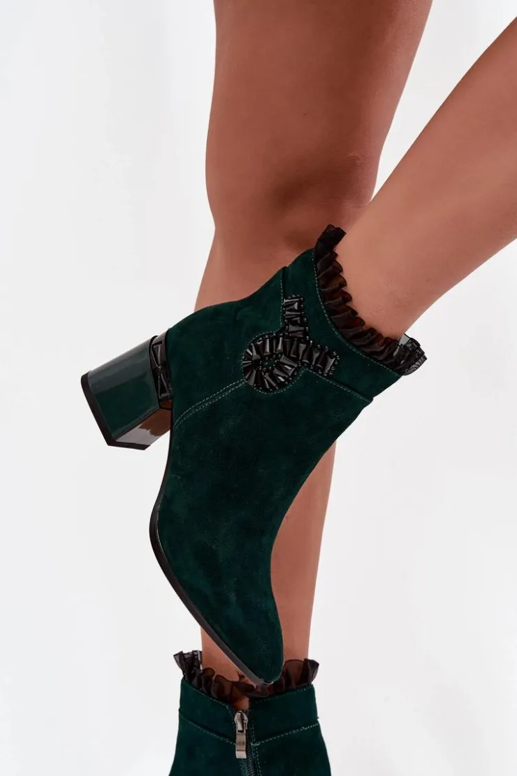D&A Botki Ocieplane|Botki Skórzane*Zamszowe Skórzane Botki Damskie Na Słupku Z Ozdobą Ocieplane MR52-127 Butelkowa Zieleń Zielony